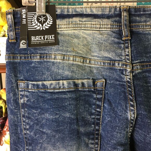 NWT BLACK PIKE LEGEND Embroidered Distressed Biker Stretch Slim Denim Jean 30X32 - Picture 9 of 13